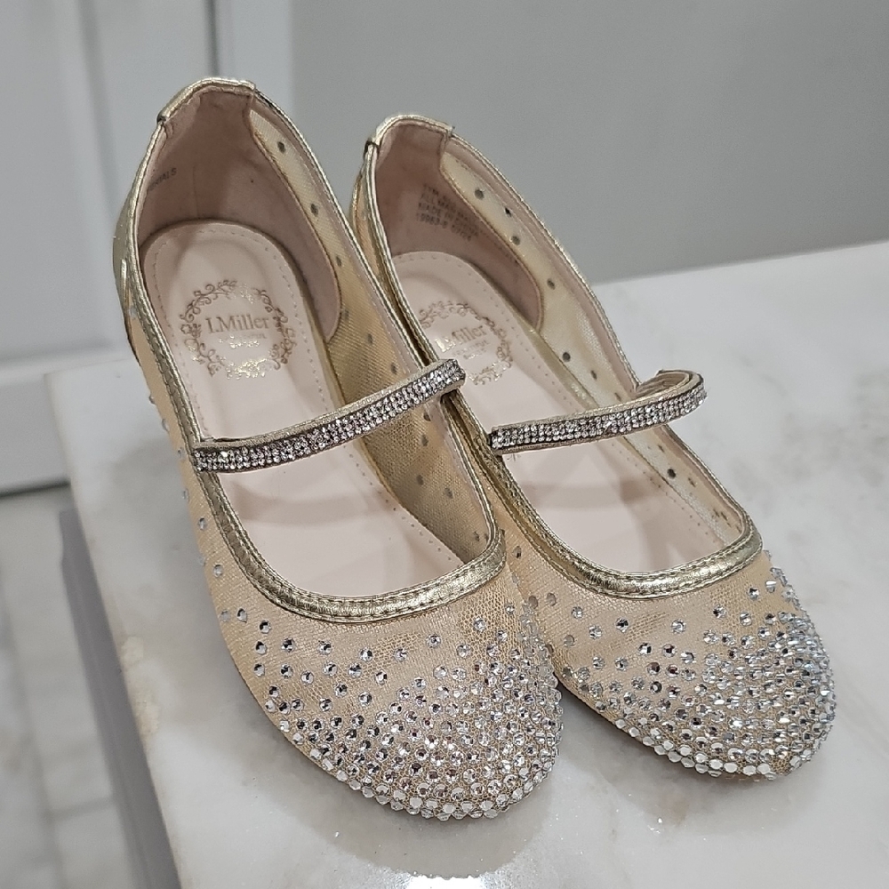 Elegant Gold and Kids Dress Shoes w Glass Crystal Details